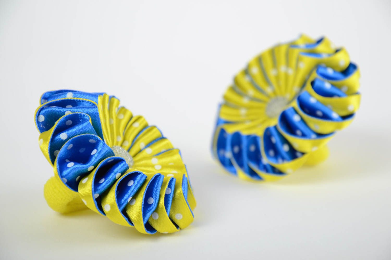 Set of handmade decorative hair ties with volume blue yellow kanzashi flowers photo 4