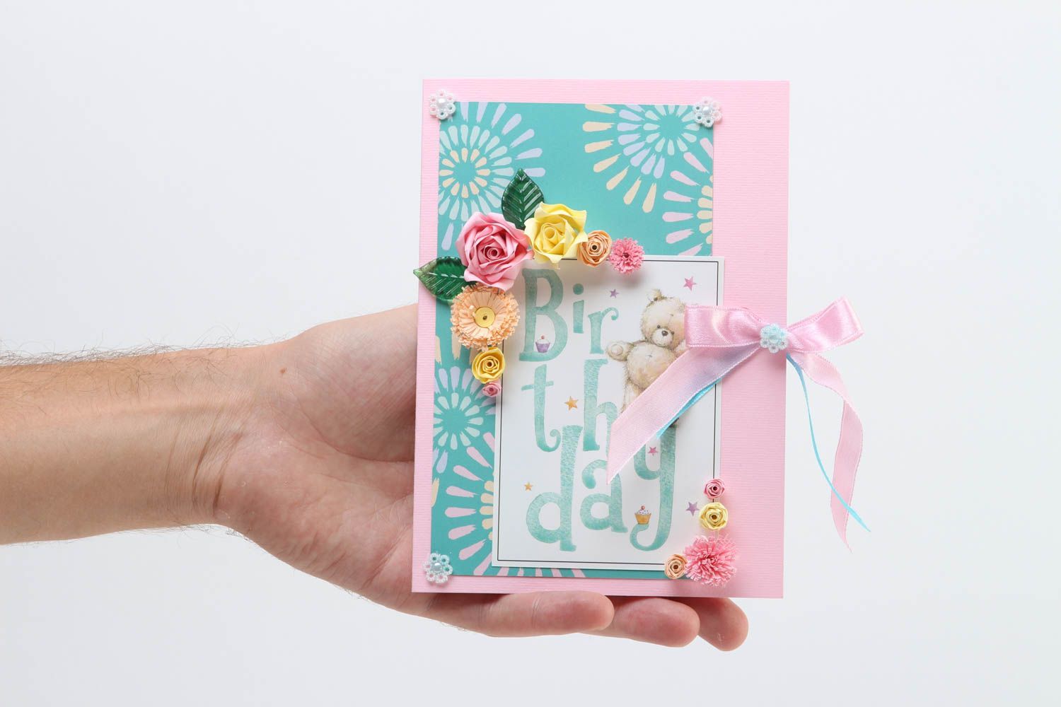Tarjeta de felicitación rosa y verde postal hecha a mano regalo original foto 5