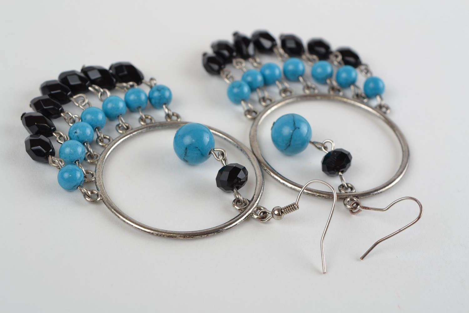 Beautiful handmade massive long hoop earrings woven of Czech glass beads photo 5