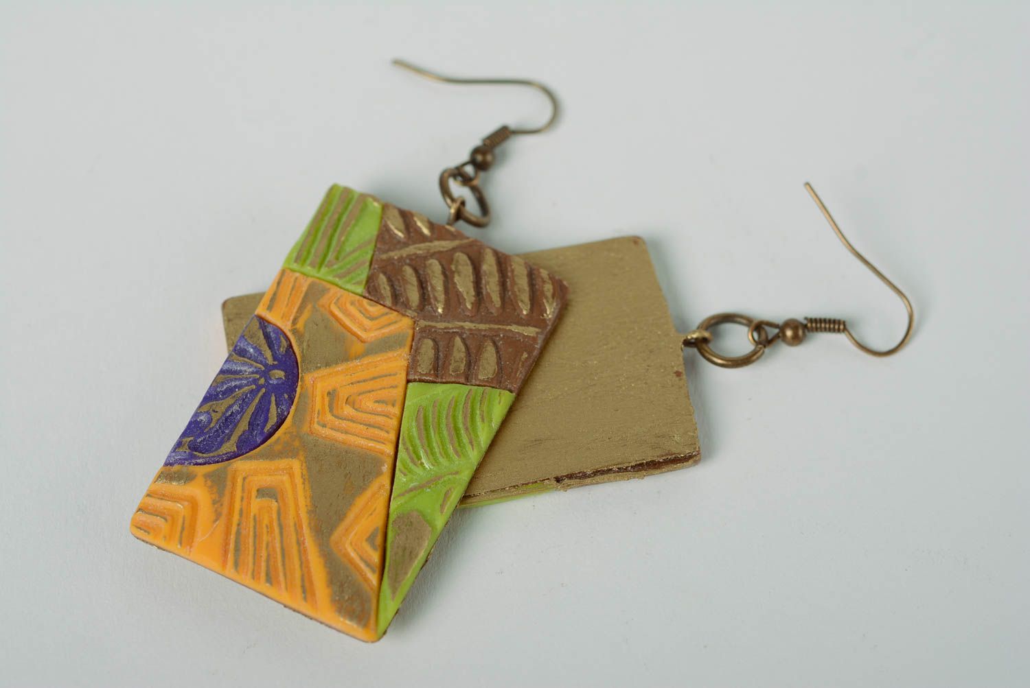 Handmade flat rectangular polymer clay dangling earrings painted with acrylics photo 4