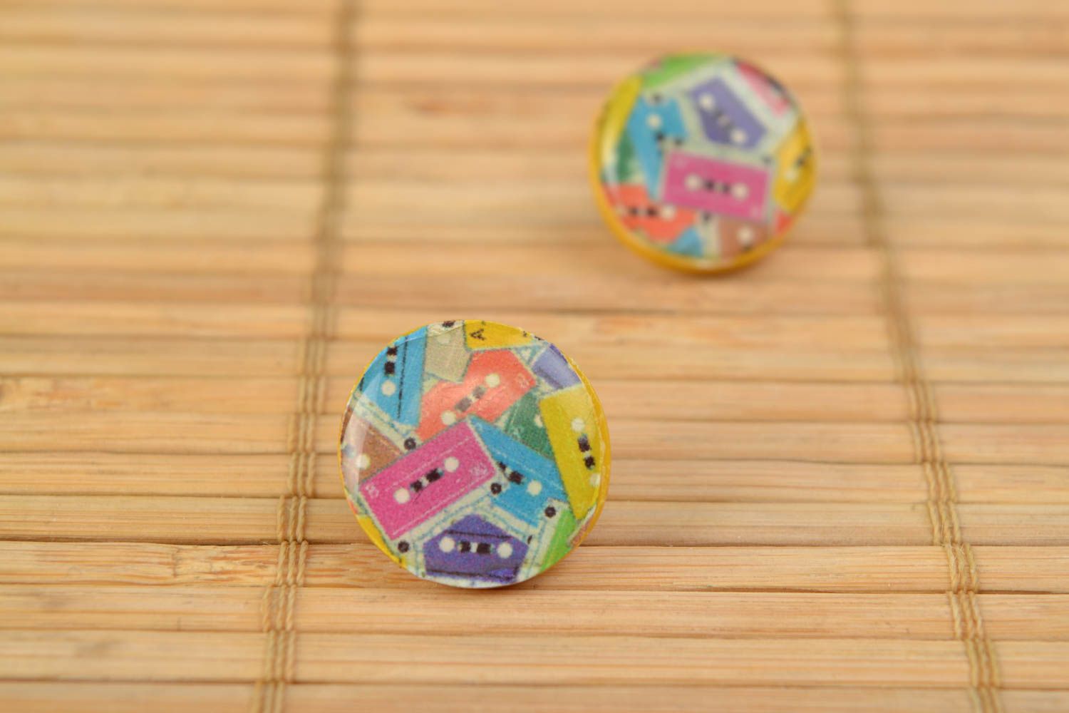 Handmade round polymer clay and epoxy resin stud earrings photo 5