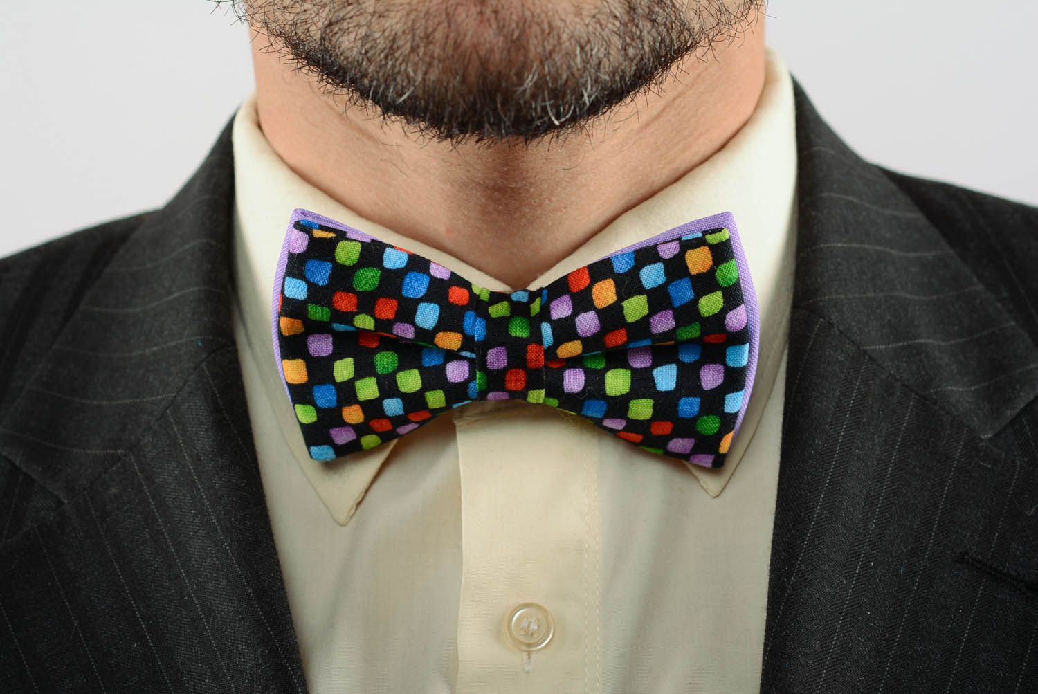 Purple bow tie with colourful squares  photo 1