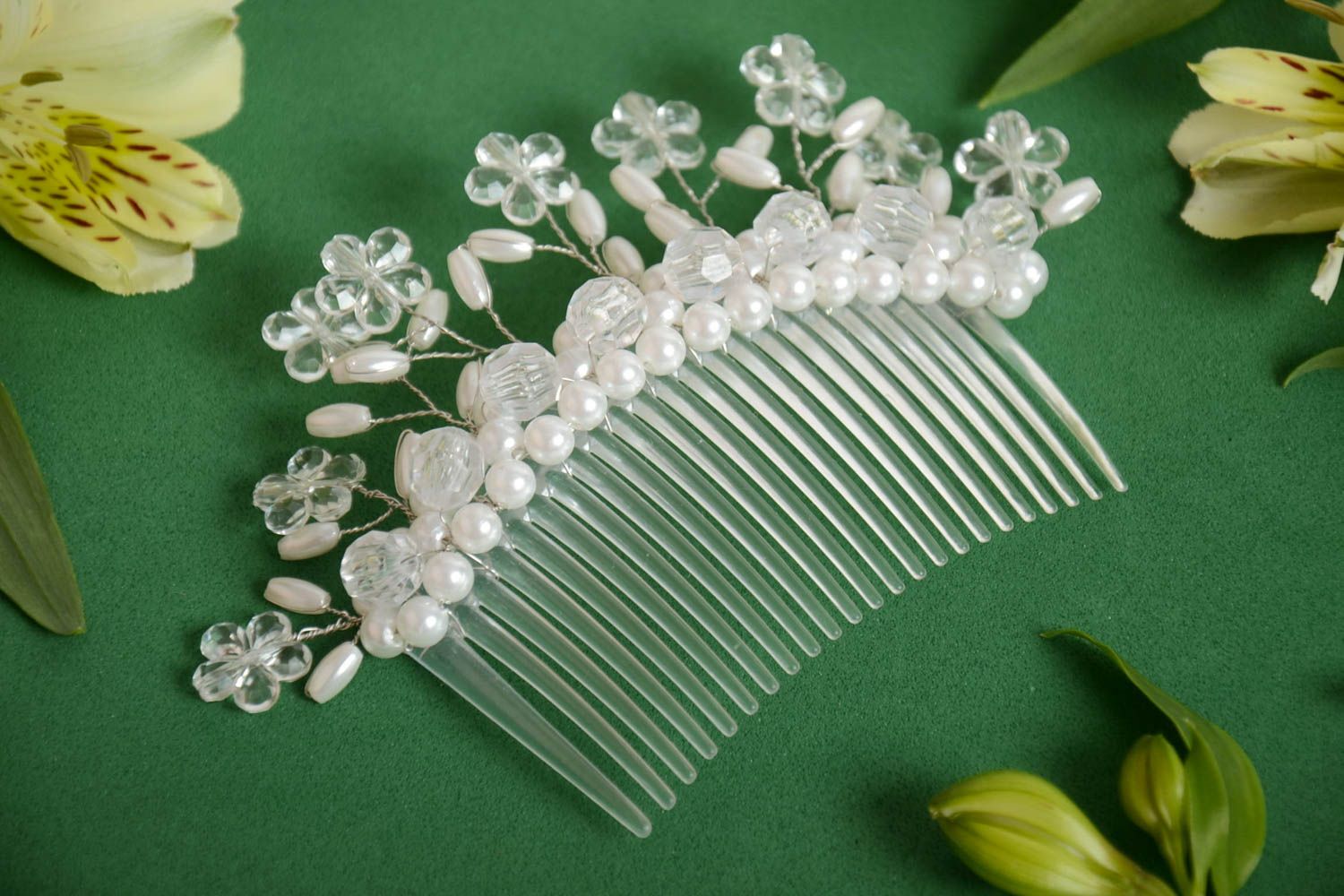 Handmade plastic hair comb decorated with white flowers and different beads  photo 1