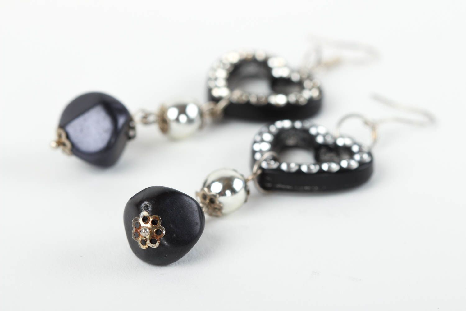 Handmade black unusual earrings cute beaded earrings stylish accessory photo 3