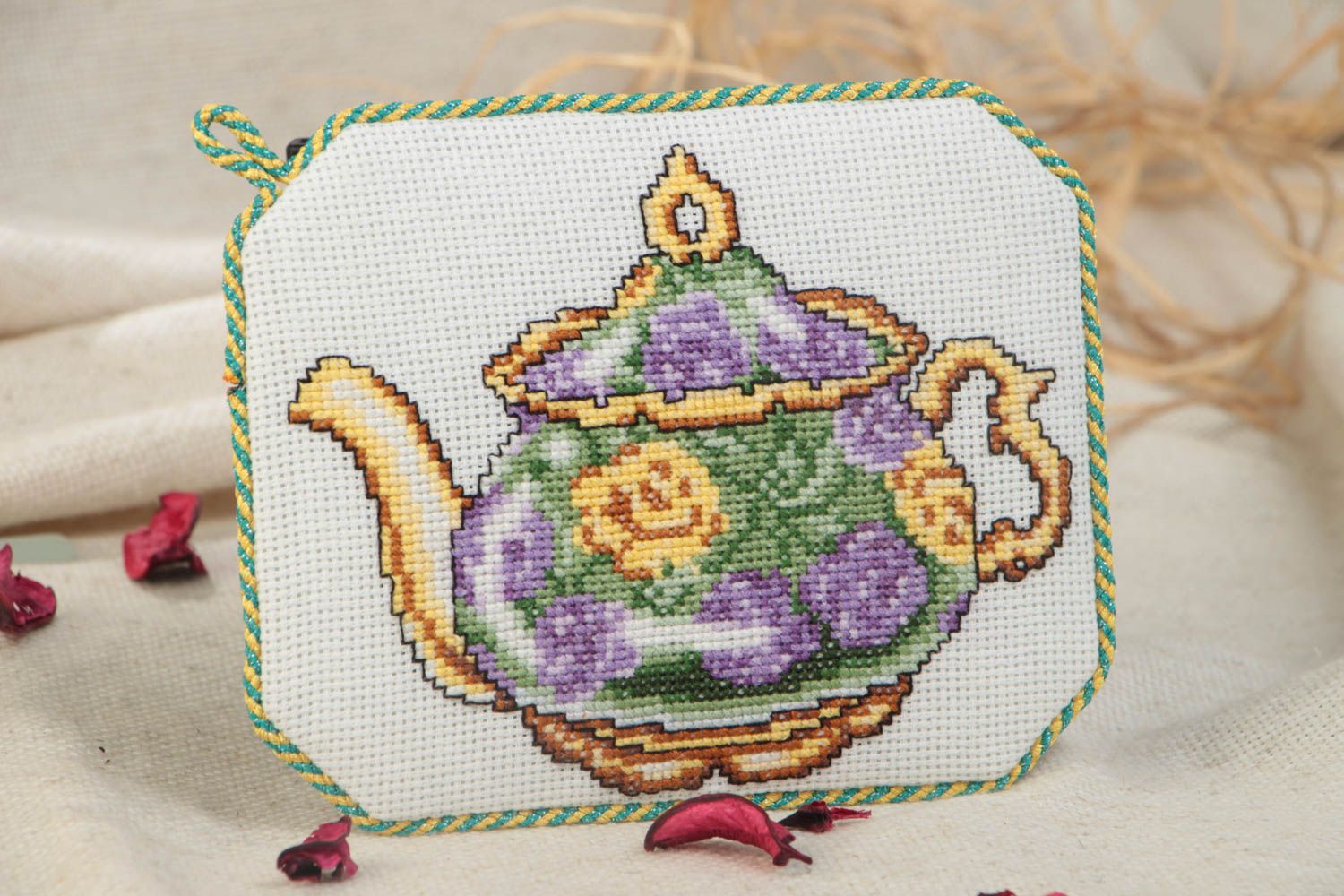 Handmade decorative soft fabric coaster for drinks with embroidery Teapot photo 1