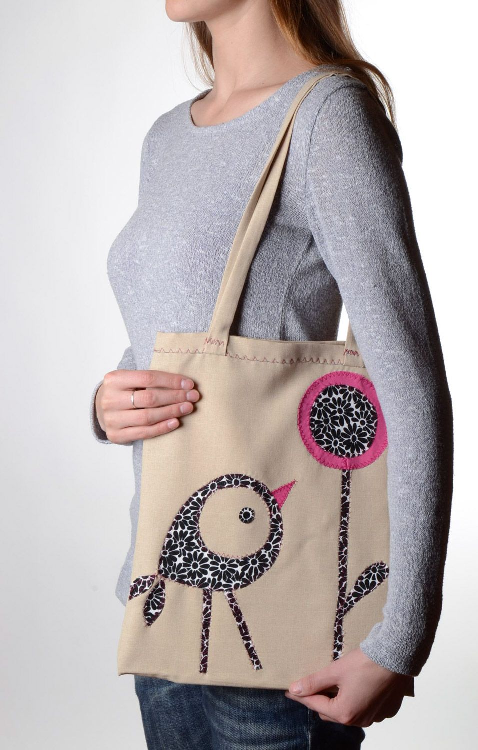 Handmade designer beige female shoulder eco bag with applique  Little Bird photo 1