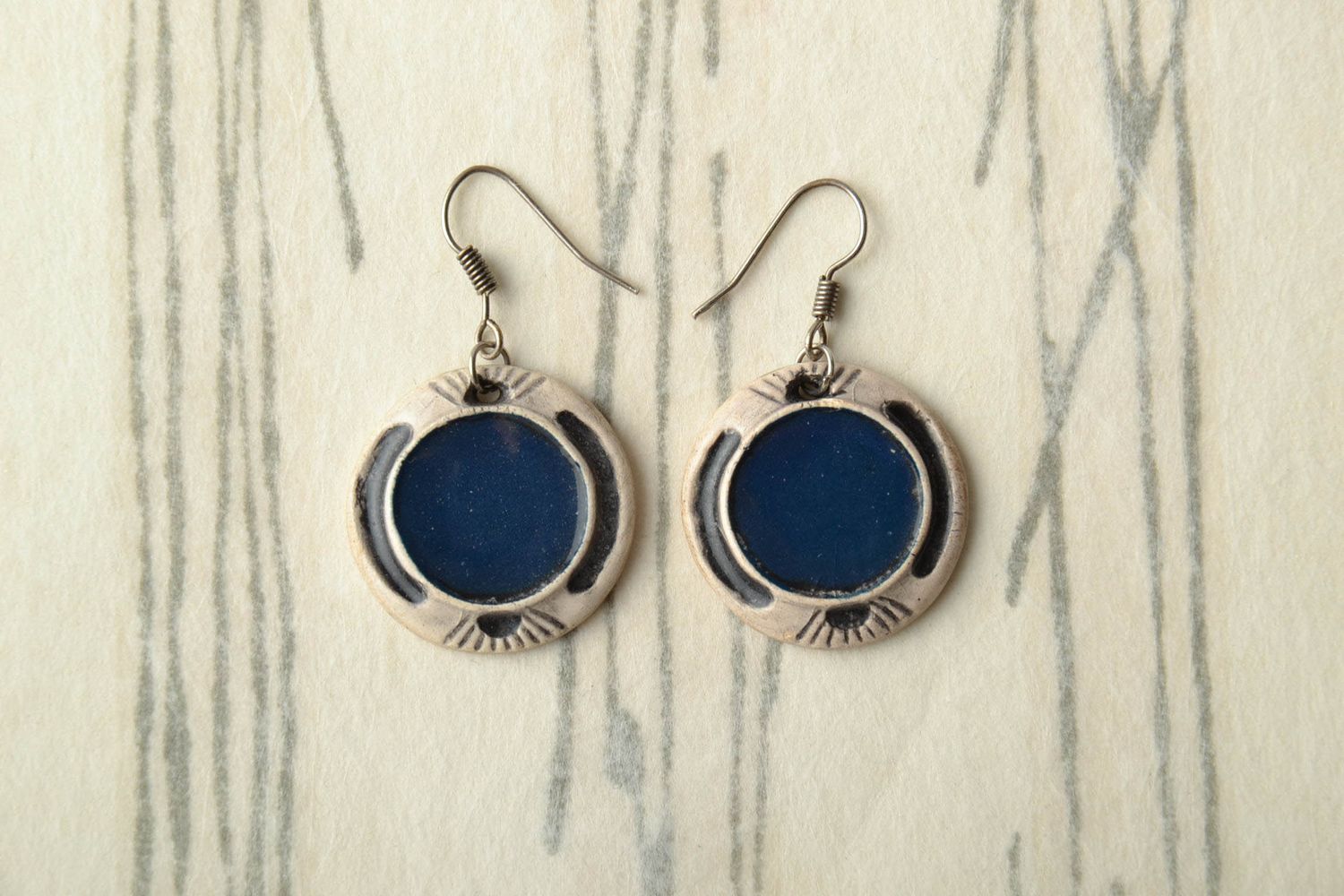Blue round clay earrings painted with color enamels photo 1