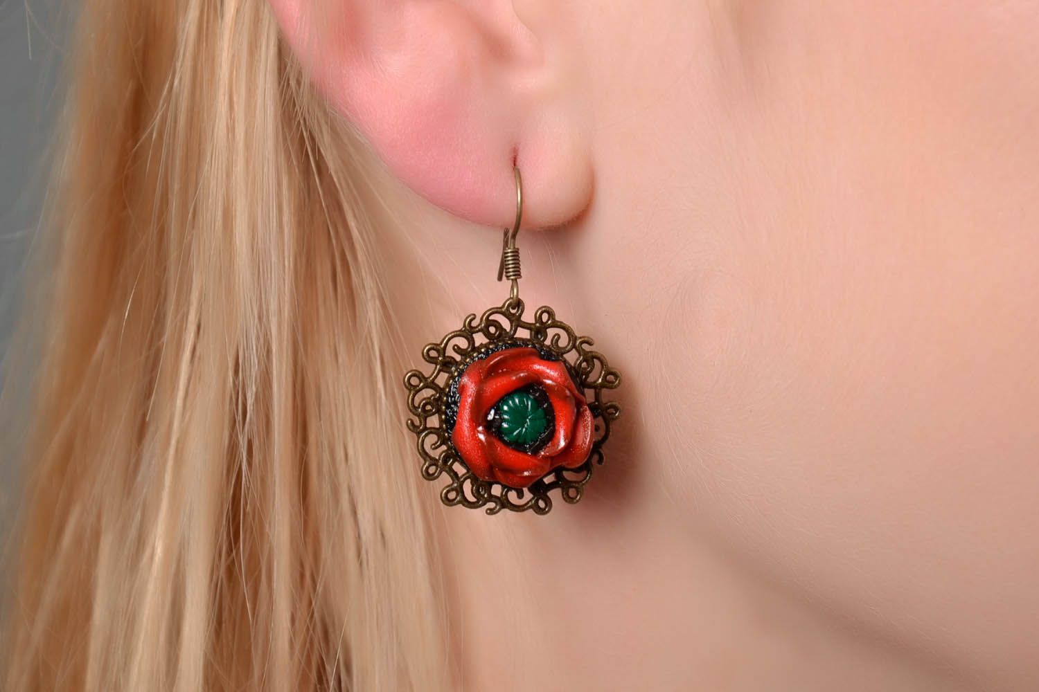 Earrings made of polymer clay and metal Poppies photo 4