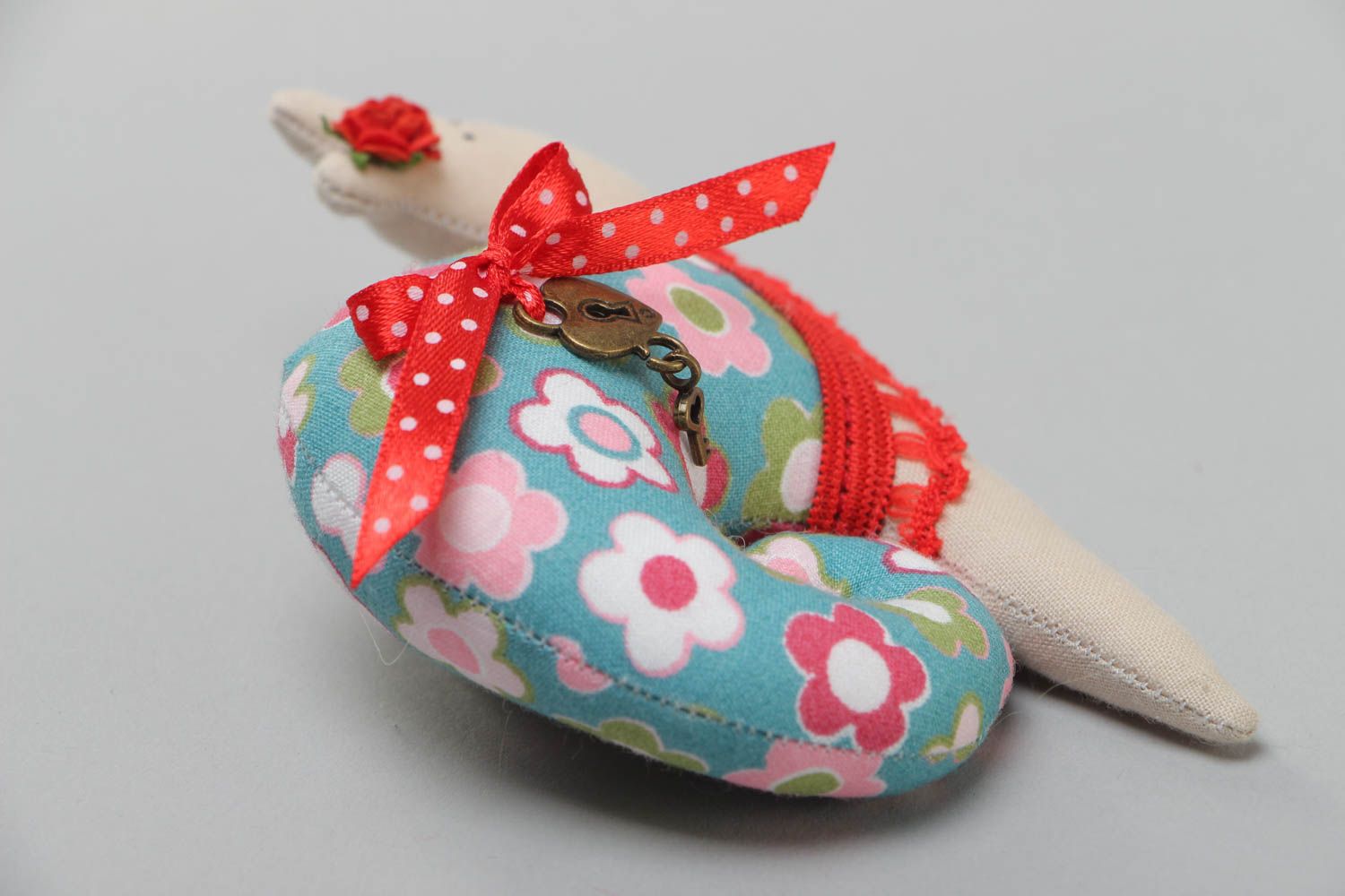 Handmade soft toy fridge magnet colorful snail with red lace sewn of cotton photo 3