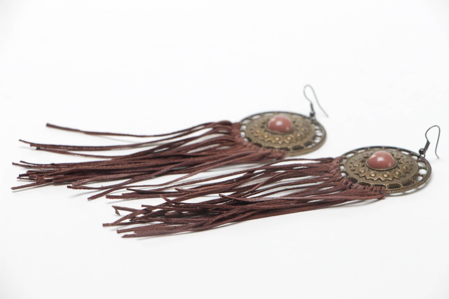Brown long earrings made of leather with metal handmade unusual beautiful photo 3