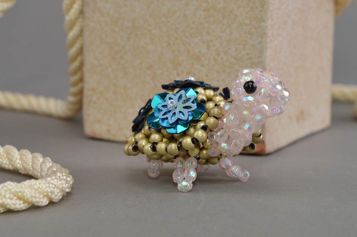 Homemade decorative miniature collectible beaded animal figurine of turtle  photo 1