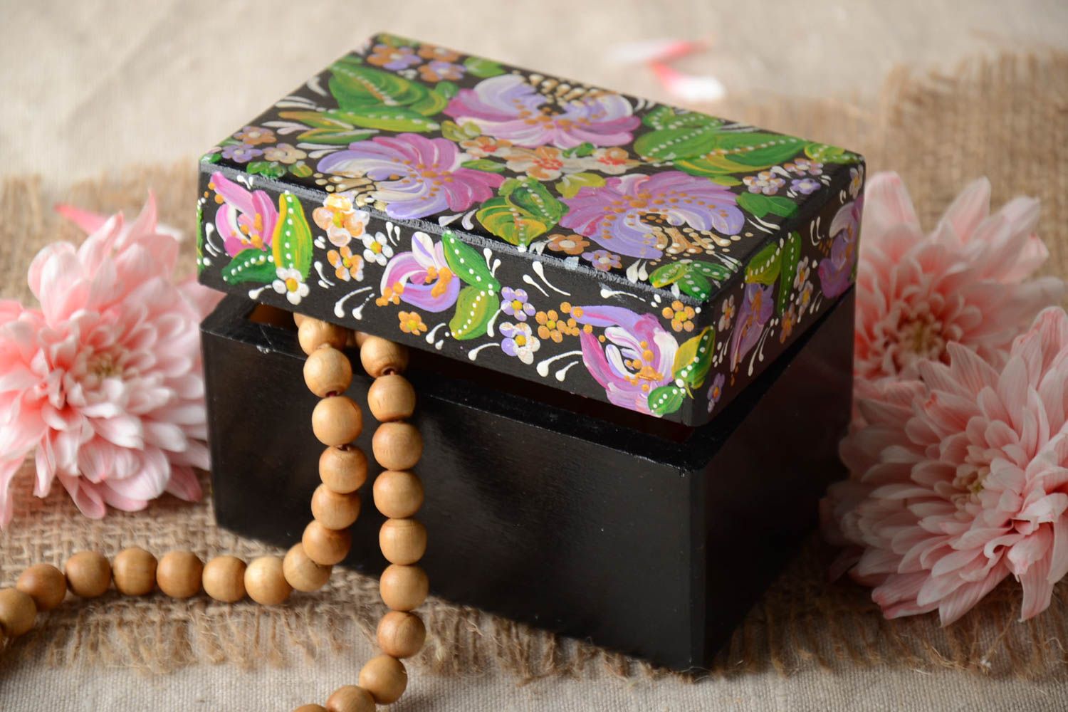 Bright handmade rectangular wooden jewelry box with acrylic painting designer photo 1