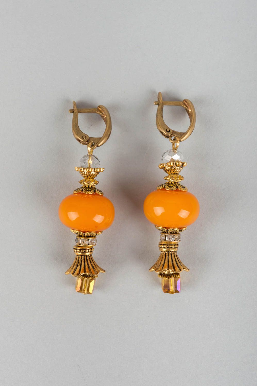 Unusual handmade long metal earrings with natural amber stone beads for girls photo 2