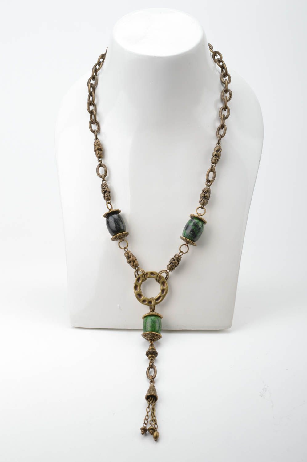 Beautiful massive metal necklace with large green beads designer jewelry photo 3