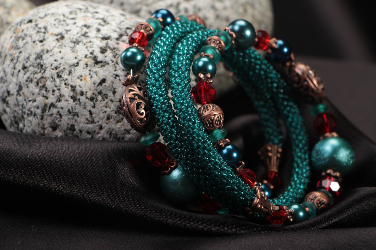 Multirow handmade bracelet unusual beaded accessory beautiful wrist jewelry photo 1