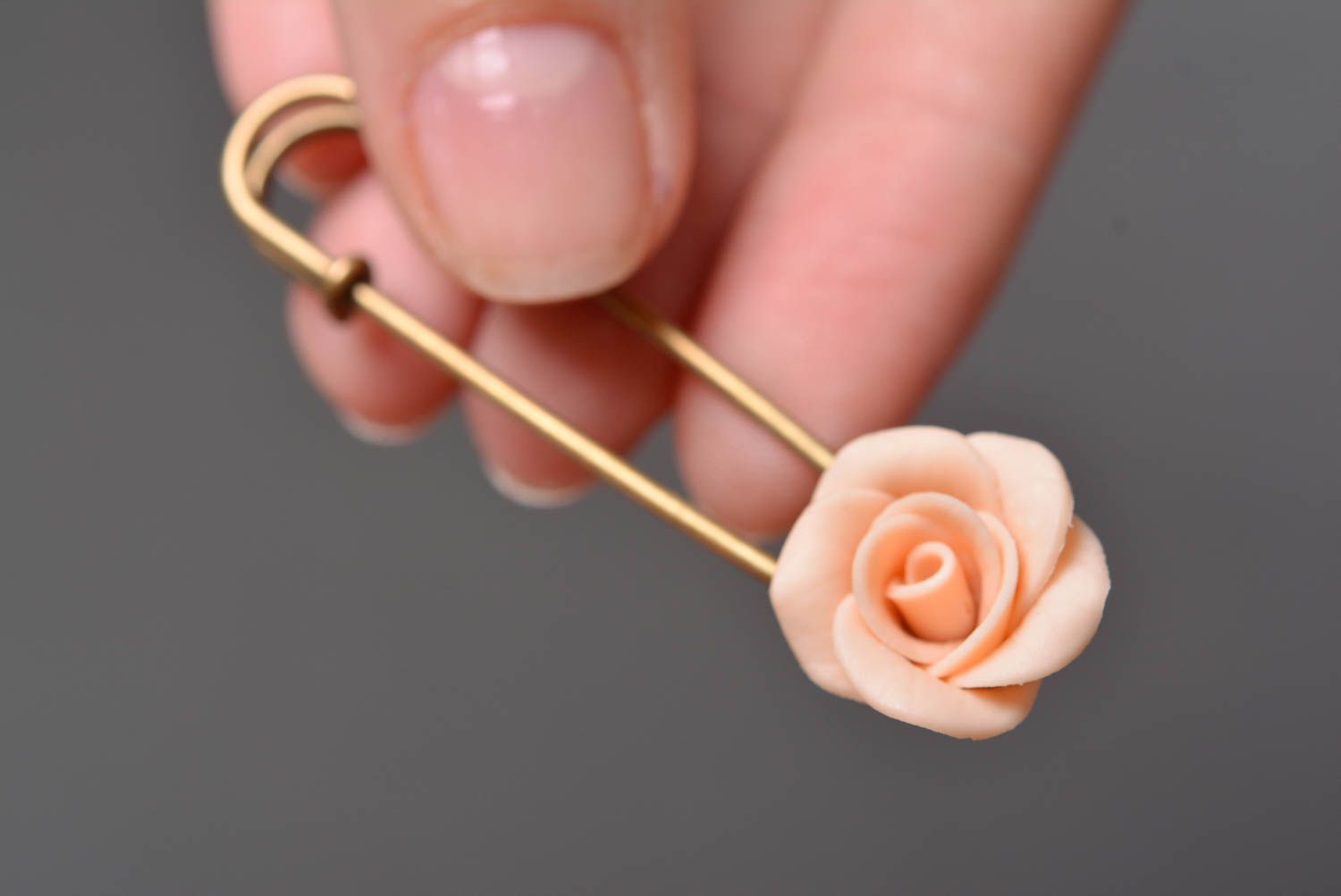 Handmade large metal pin brooch with pink flower molded of polymer clay photo 2