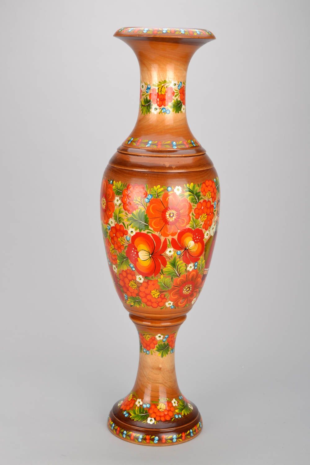 26 inches wooden handmade floor vase in floral design with red flowers 3,5 lb photo 1