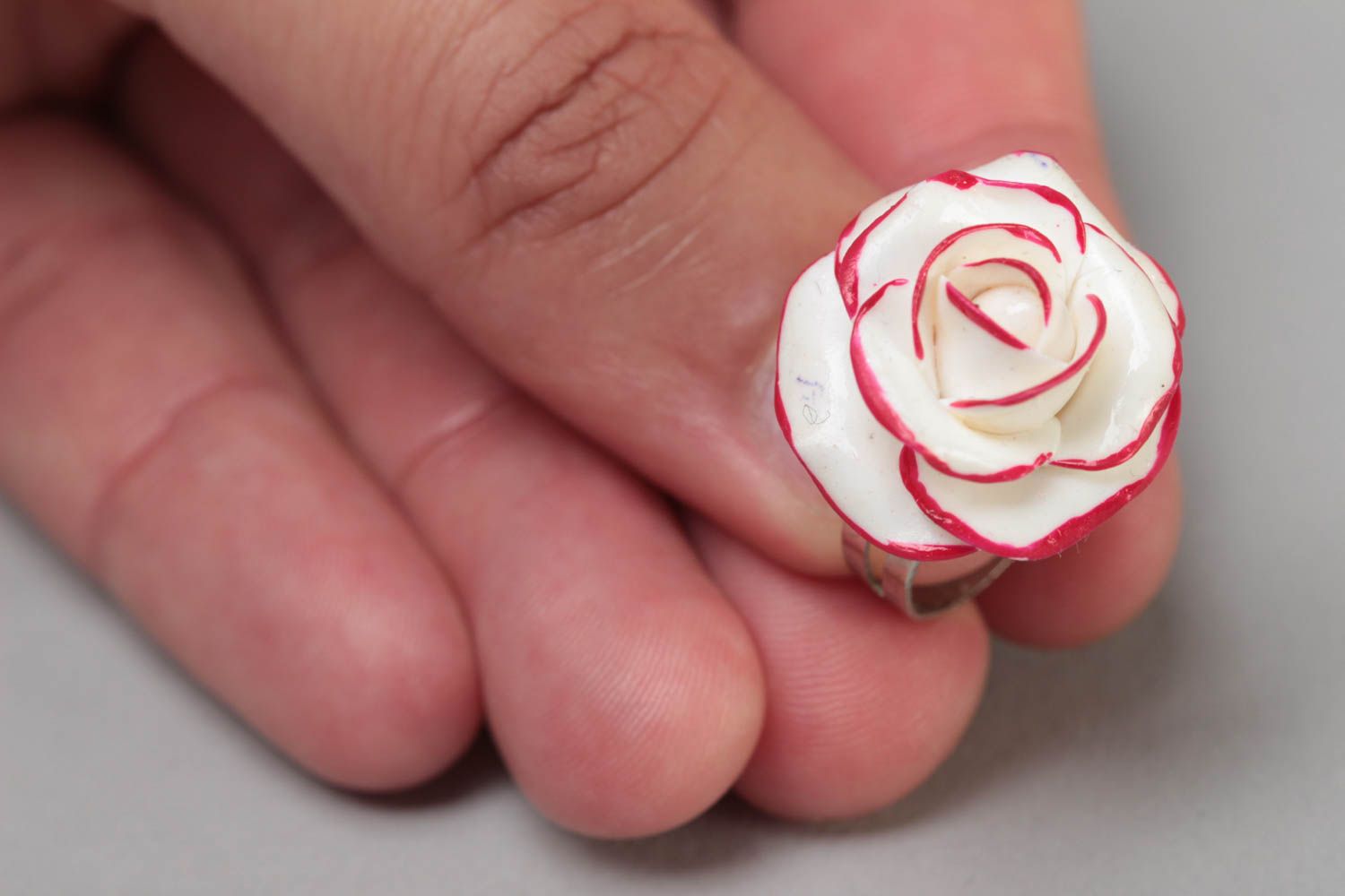 Handmade designer jewelry ring on metal basis with polymer clay white rose  photo 5