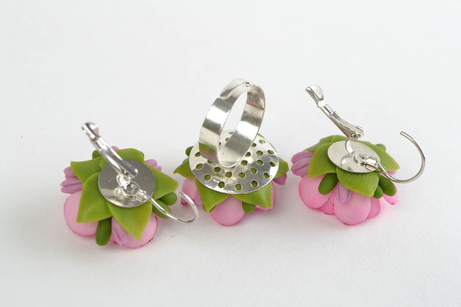 Pink cold porcelain flower jewelry set 2 pieces earrings and ring handmade photo 5