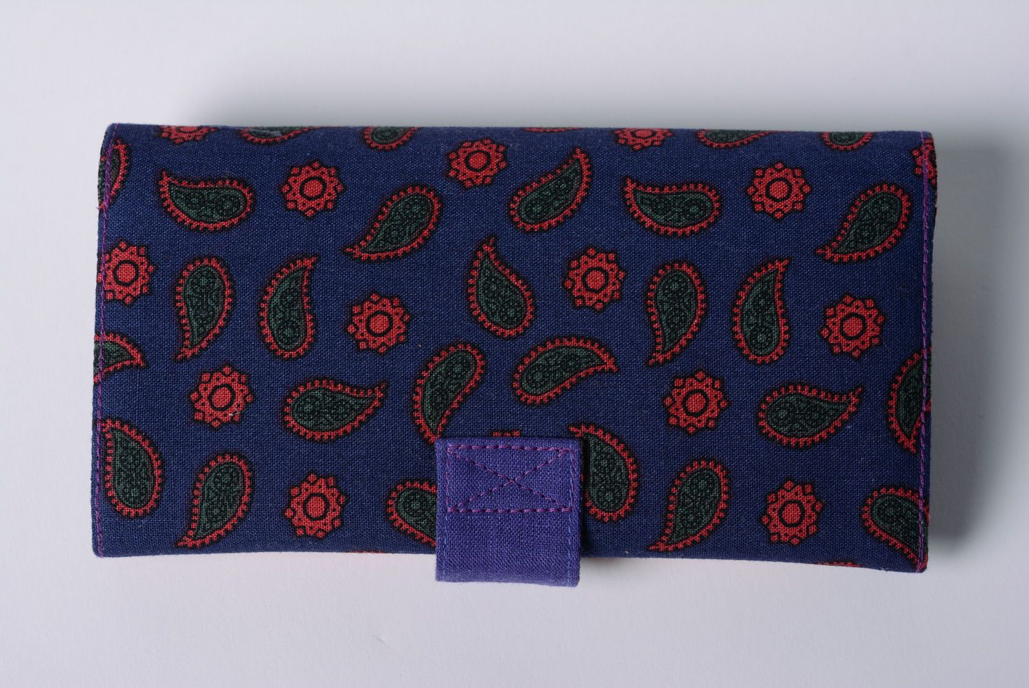 Handmade two colored women's wallet sewn of cotton and linen fabrics with stud photo 3