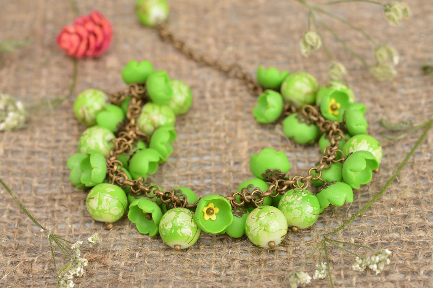 Bracelet vert Bijou fait main en pâte polymère avec fleurs Cadeau femme photo 1