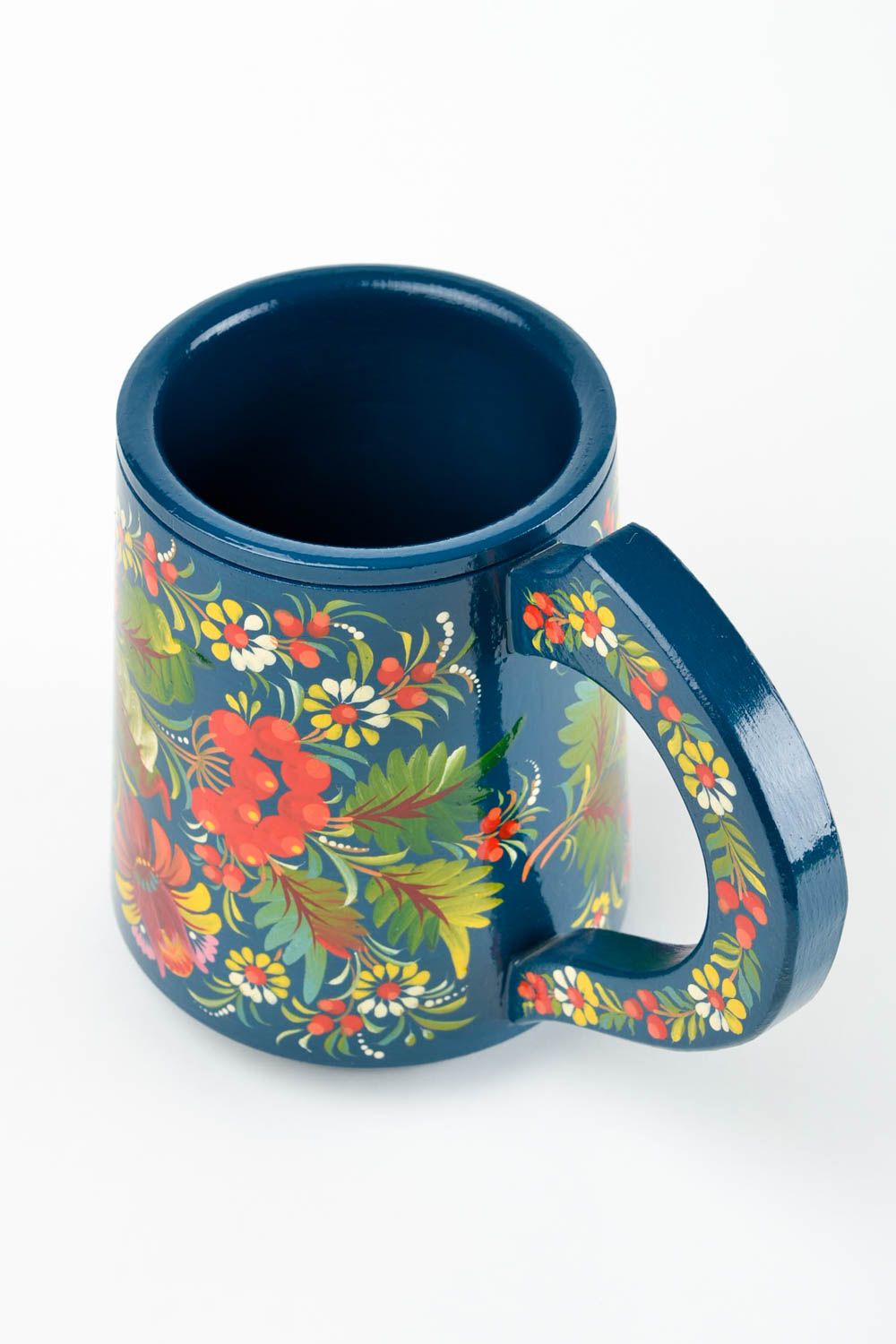 Tasse bois fait main Mug original bleu motif fleurs Vaisselle en bois décorative photo 5