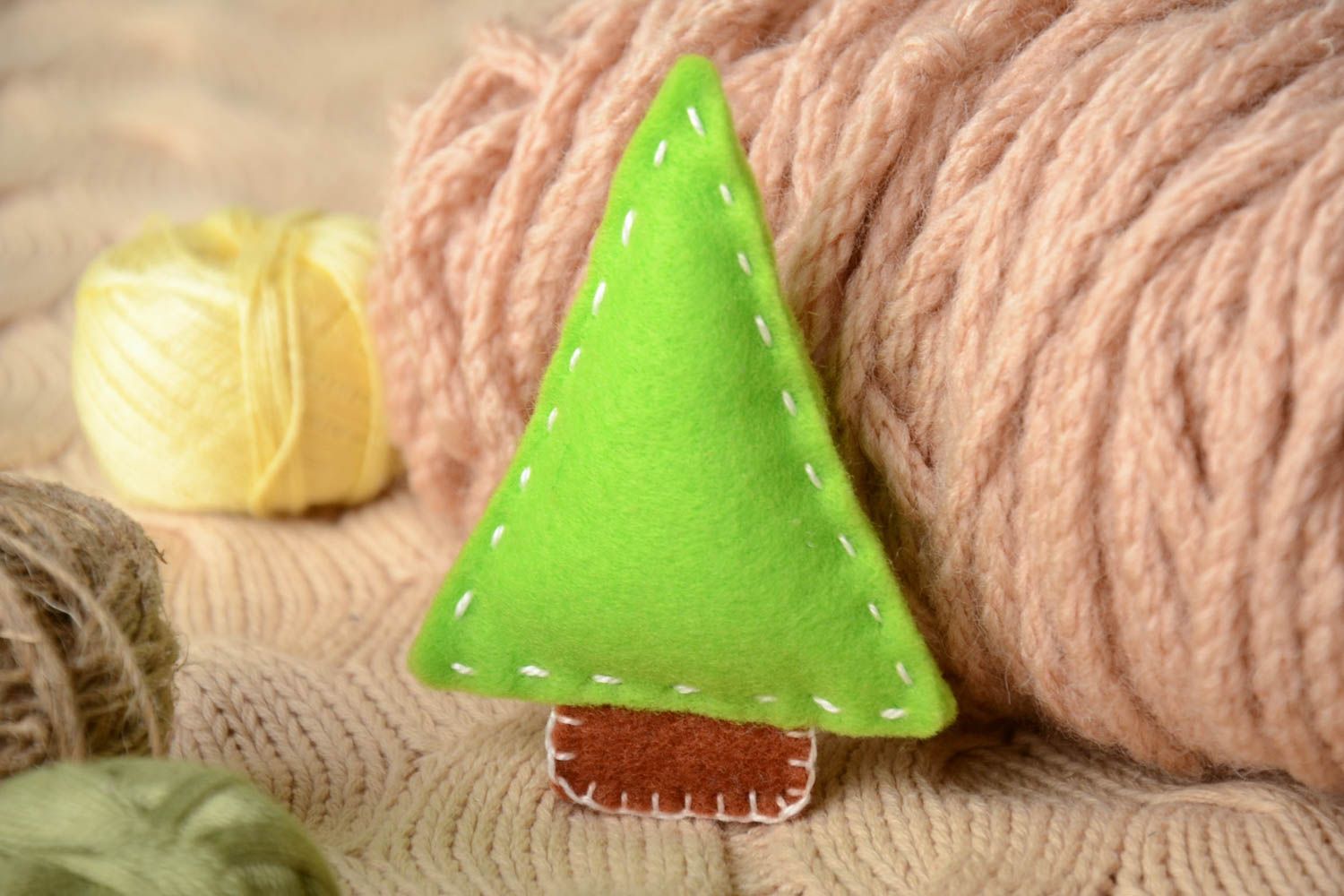 Handmade small yellow green felt soft toy Christmas tree for children and decor photo 1
