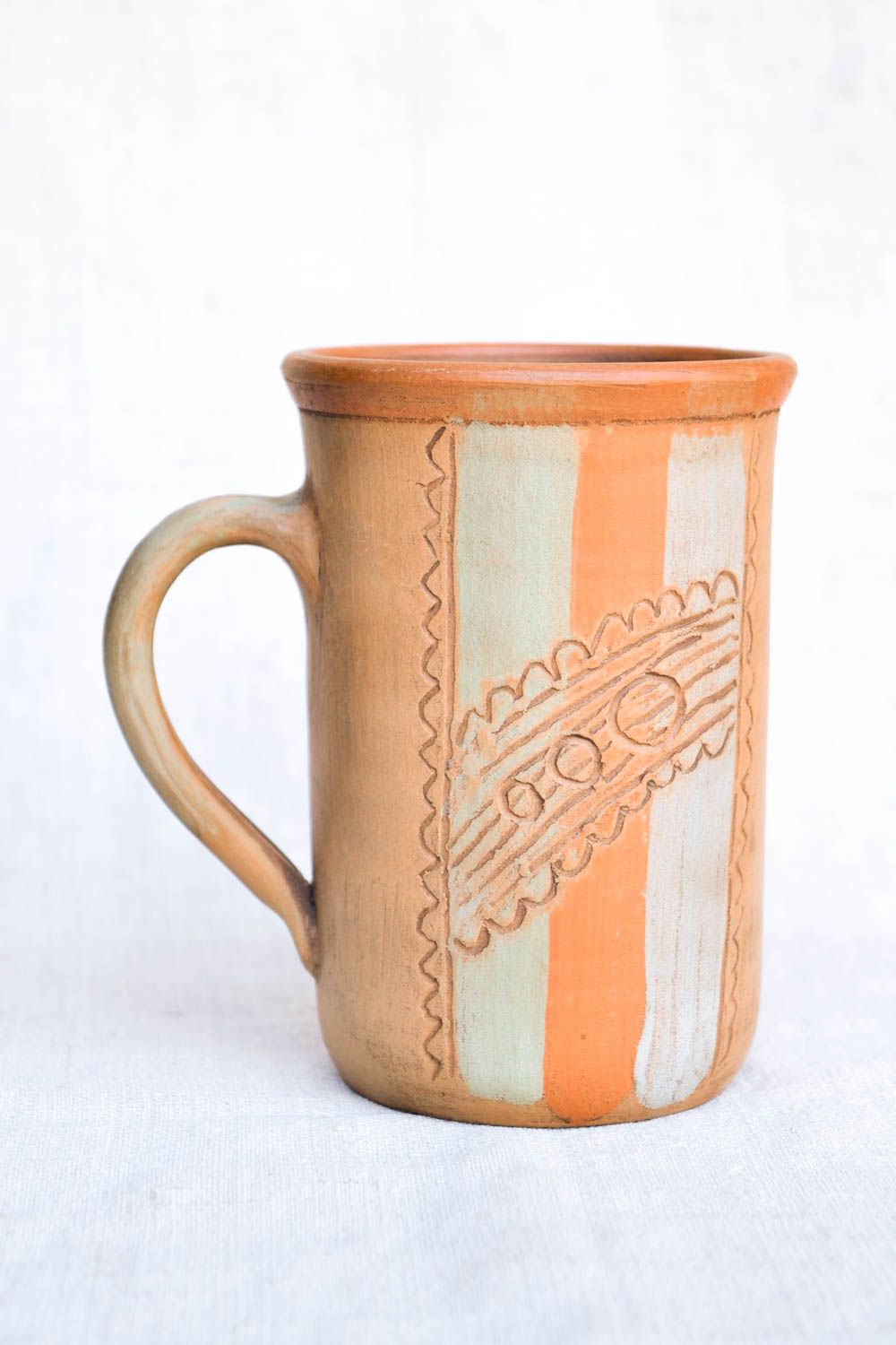 Tall red clay drinking cup with handle and Italian classic style colors photo 4
