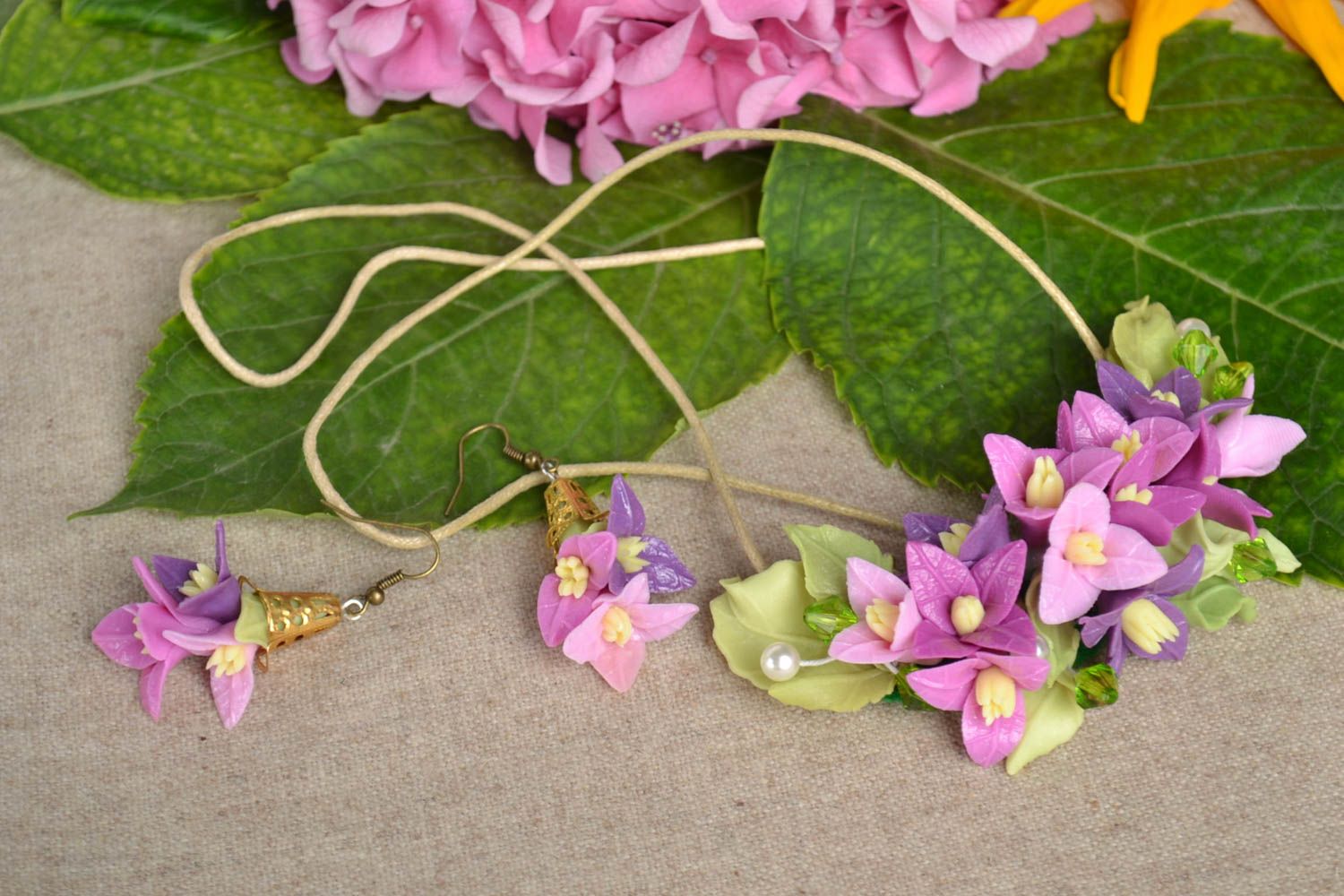 Handmade jewelry flower earrings handmade necklace jewelry set polymer clay photo 1
