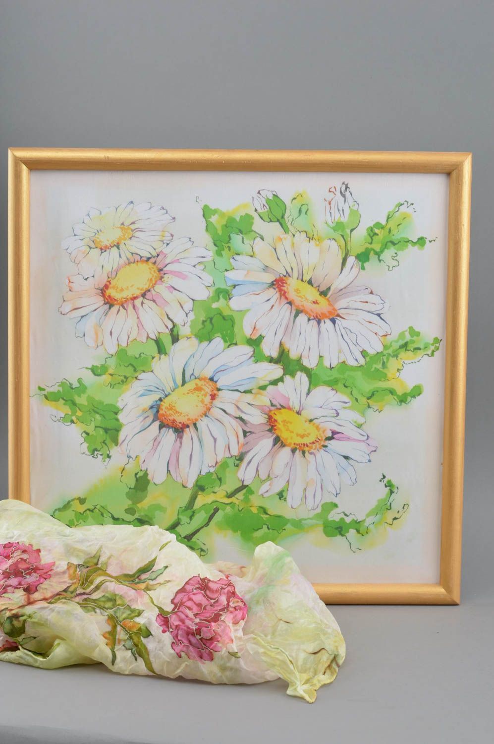 Картина с росписью по шелку красивая авторская ручной работы Утренние цветы фото 2
