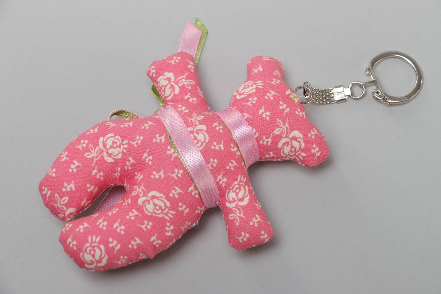 Handmade designer fabric soft keychain in the shape of pink bear photo 4