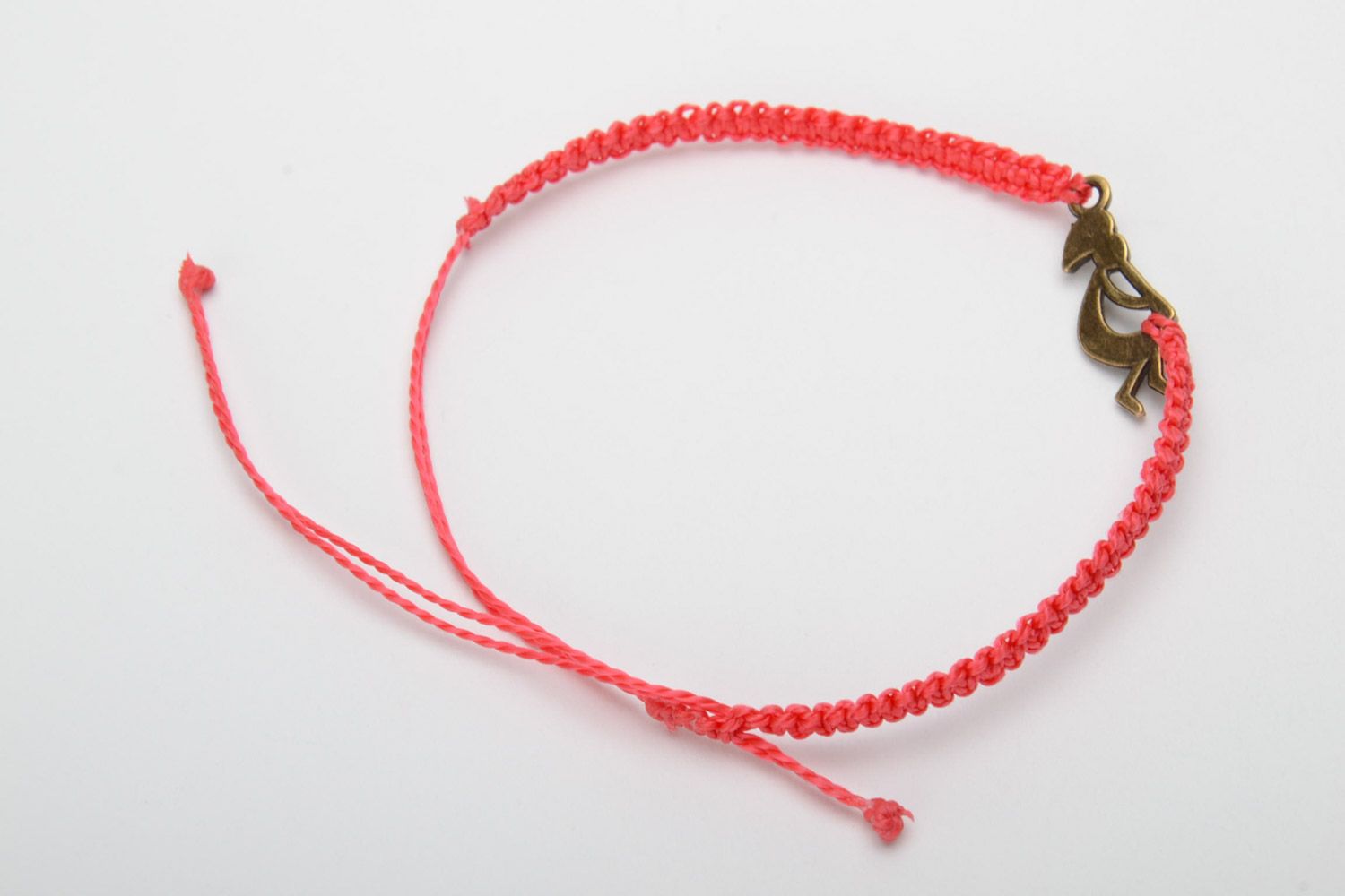 Handmade woven capron thread wrist bracelet of red color with charm photo 4