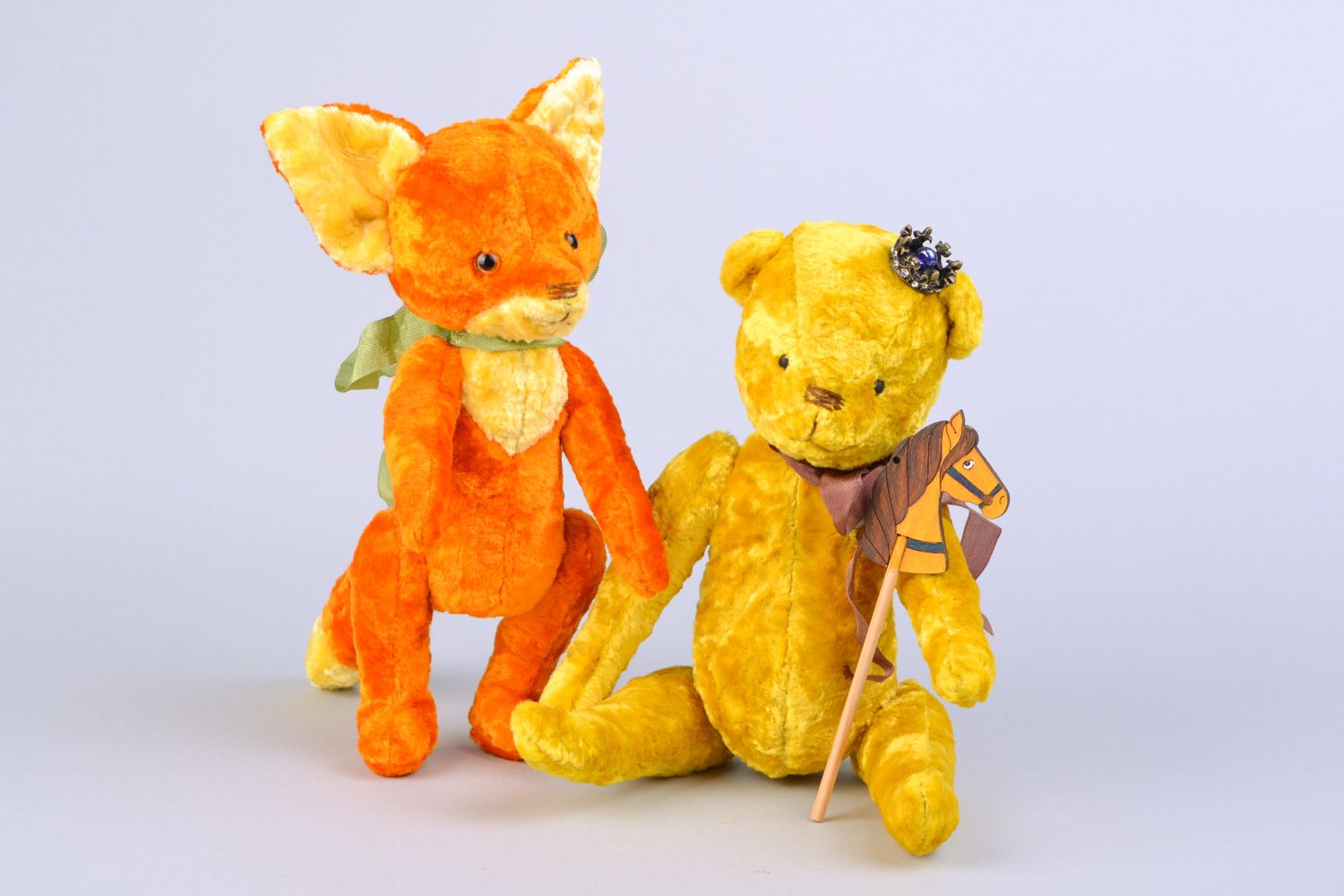 Handmade vintage designer soft plush toys of orange and yellow colors Fox and Bear photo 1