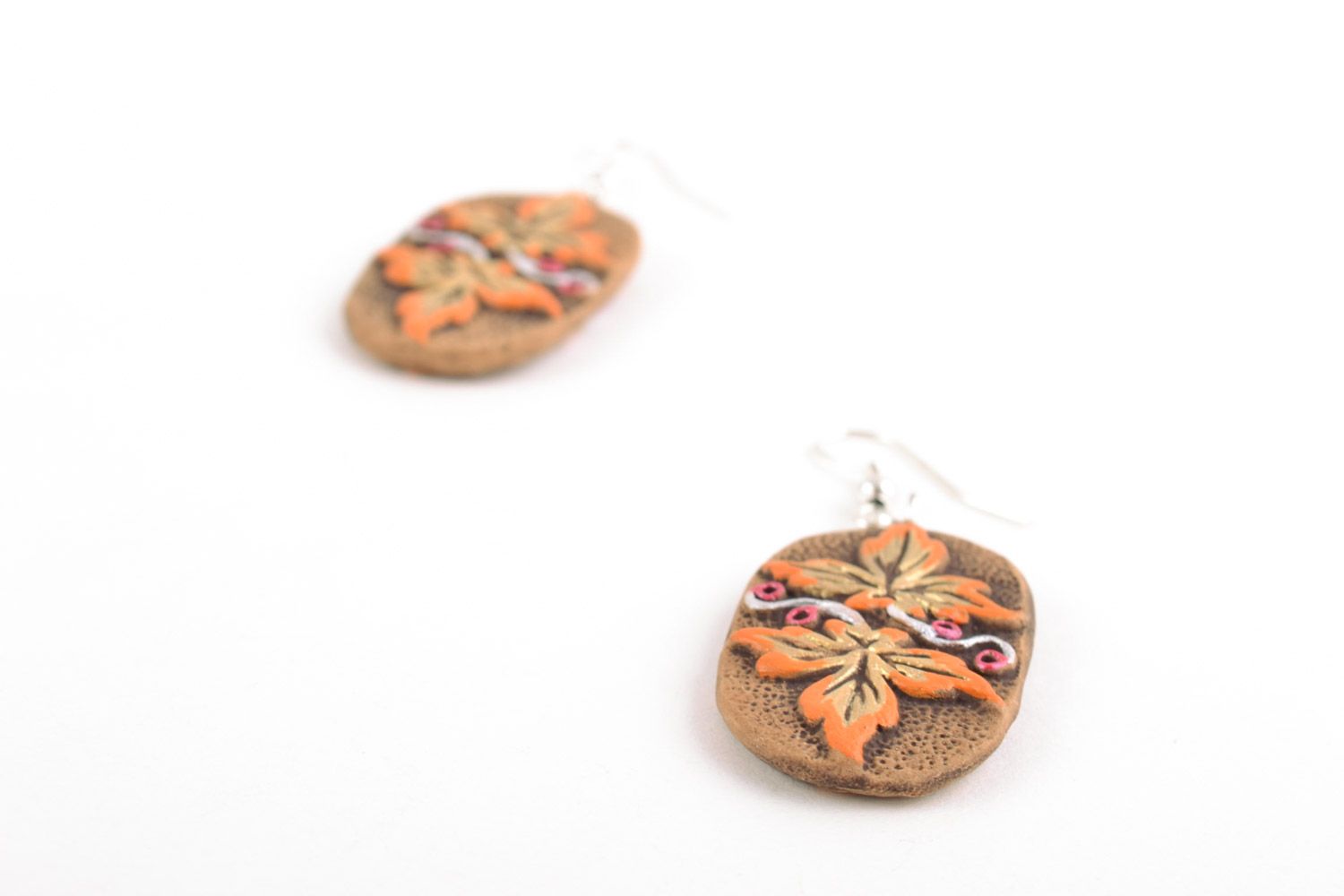 Handmade clay oval earrings painted with acrylics for women photo 3