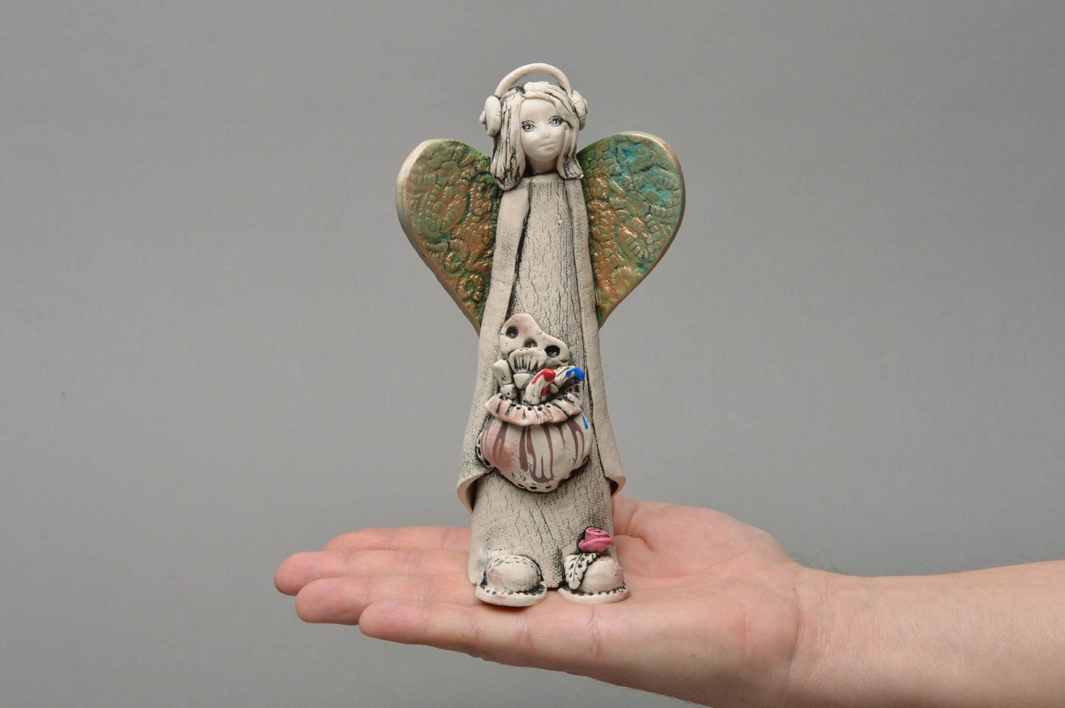 Handmade porcelain statuette in shape of angel with glaze and acrylic paints photo 4