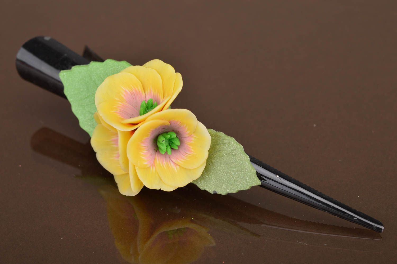 Yellow cute handmade long hair clip with flowers made of polymer clay  photo 3
