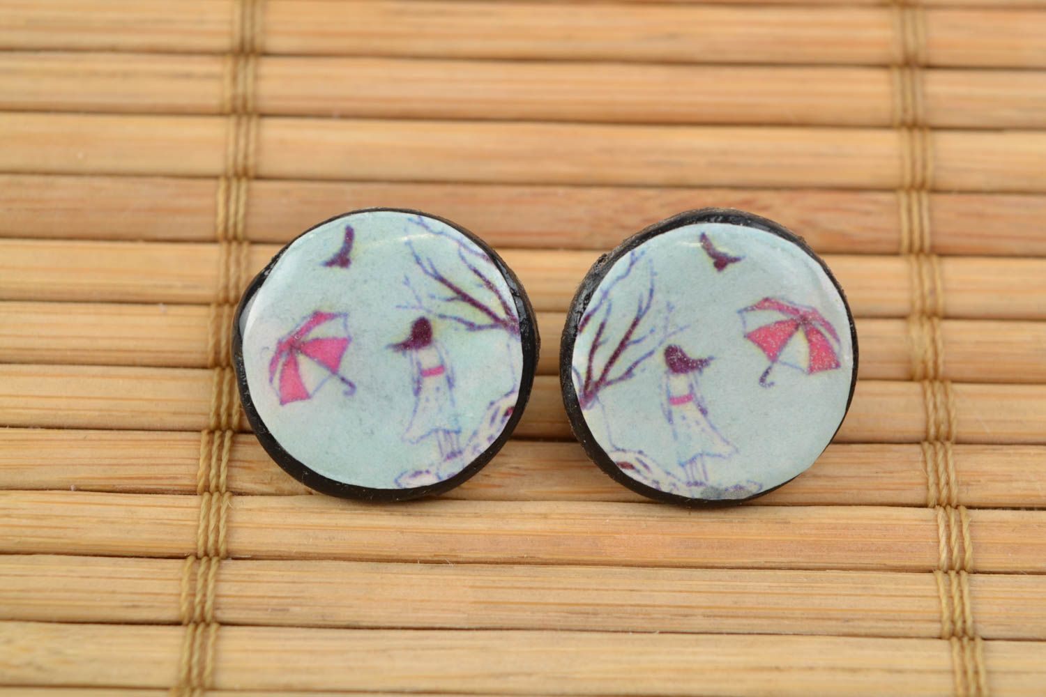 Stud earrings made of polymer clay and epoxy resin handmade decoupage accessory photo 1