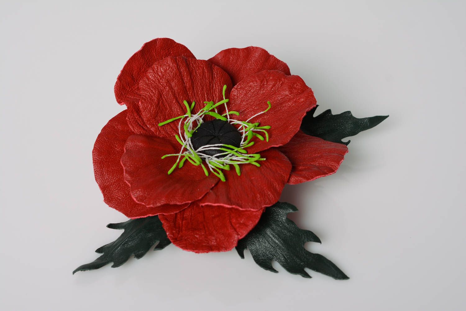 Große handmade Leder Haarspange Blume mit metallischem Verschluss Mohnblume foto 1