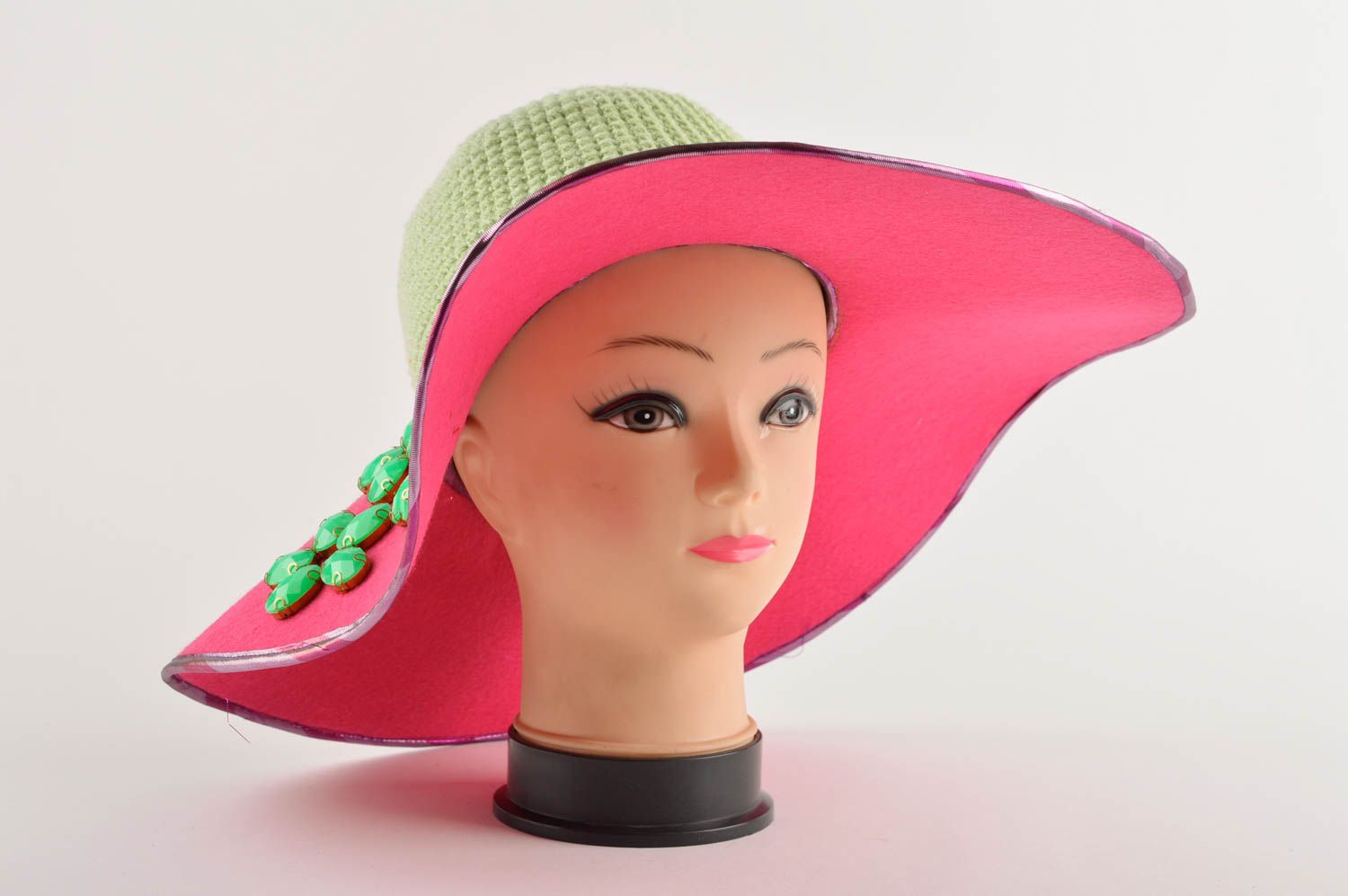 Вязаная шляпа ручной работы шляпа с полями головной убор розовый летний фото 2