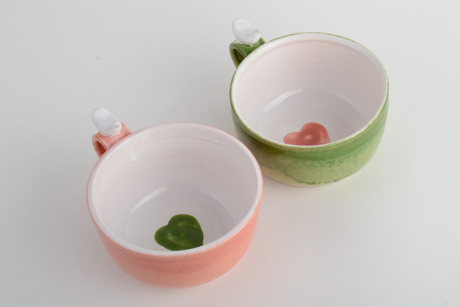 Tasses à thé céramiques faites main 2 pièces originales verte et rose peintes photo 4