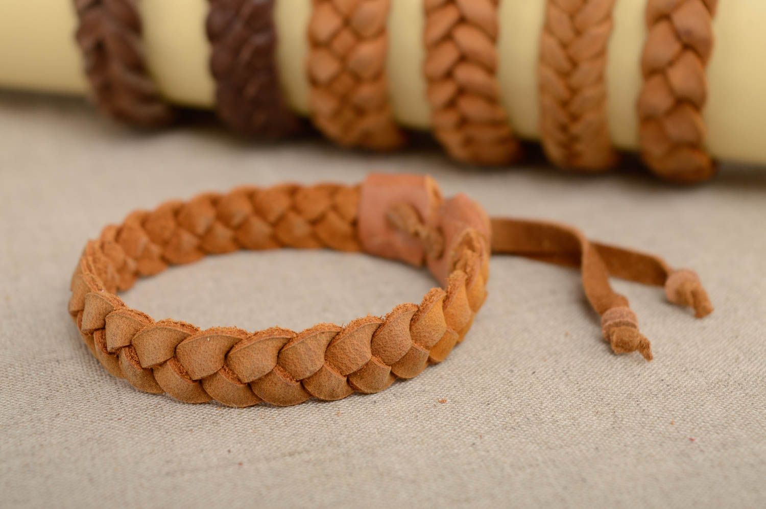 Light brown genuine leather wrist bracelet photo 2