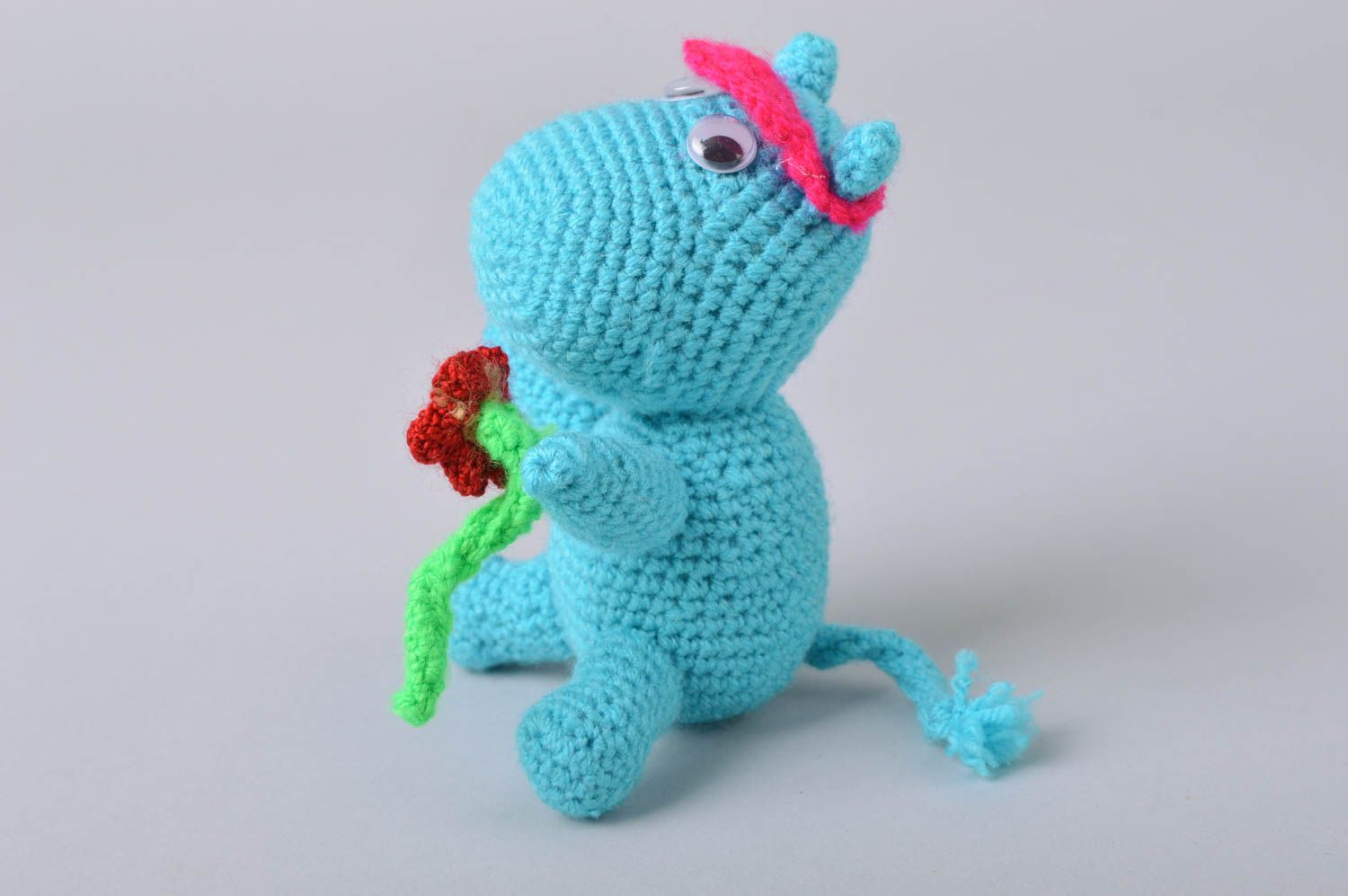 Handmade small designer funny crocheted soft toy blue hippo in hat with flower photo 2