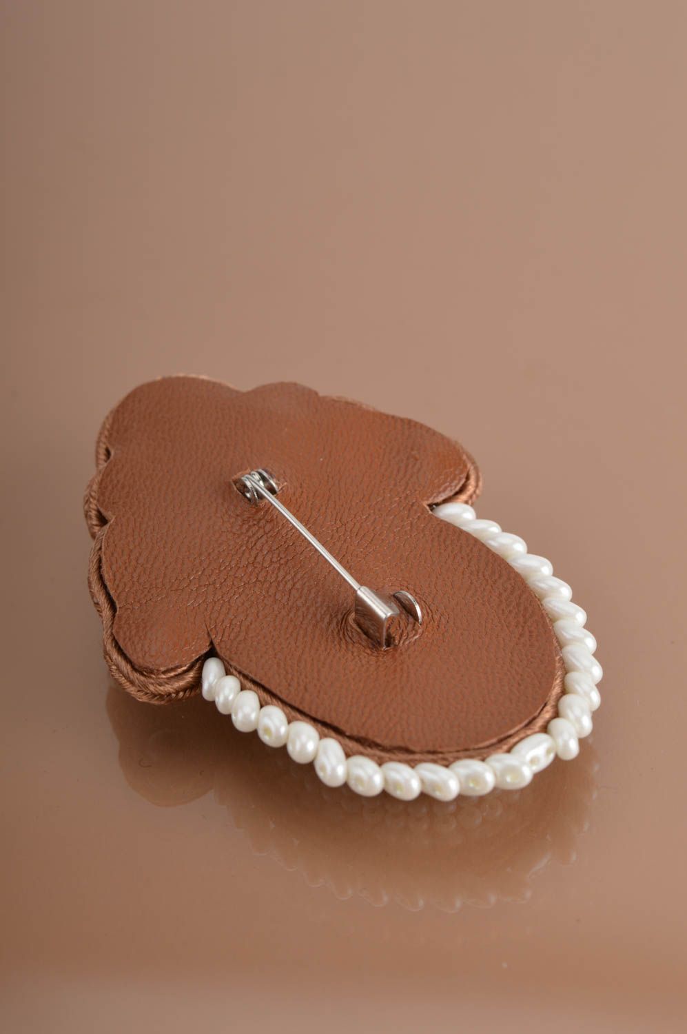 Broche ovale soutache grande marron blanc style vintage accessoire fait main photo 5