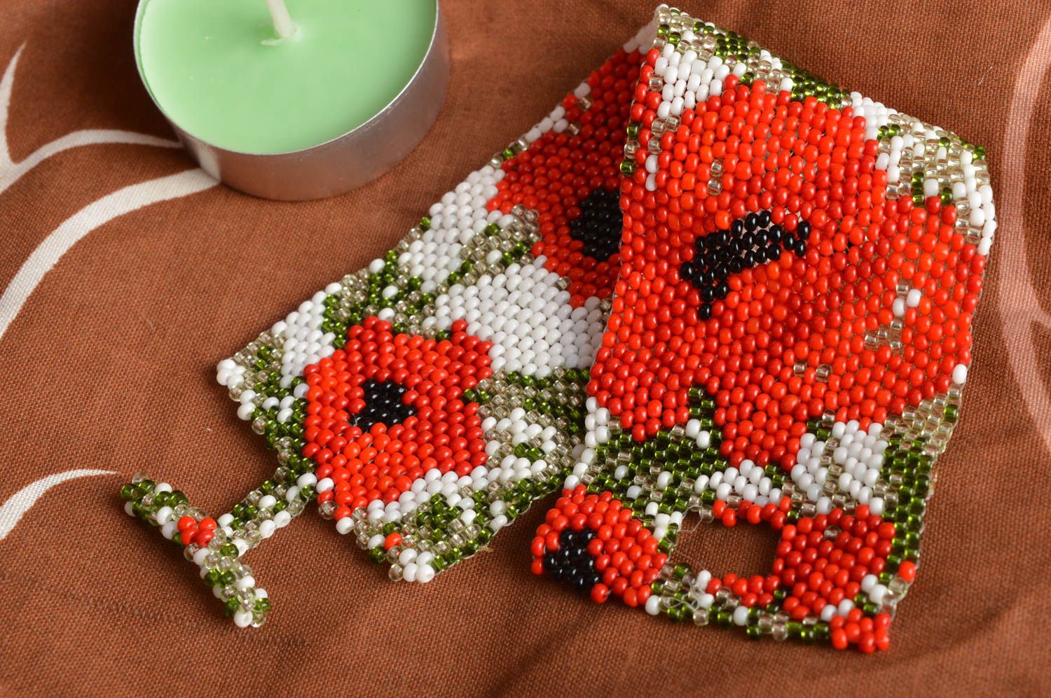 Handmade designer wide bead woven cuff bracelet with red poppies ornament photo 1