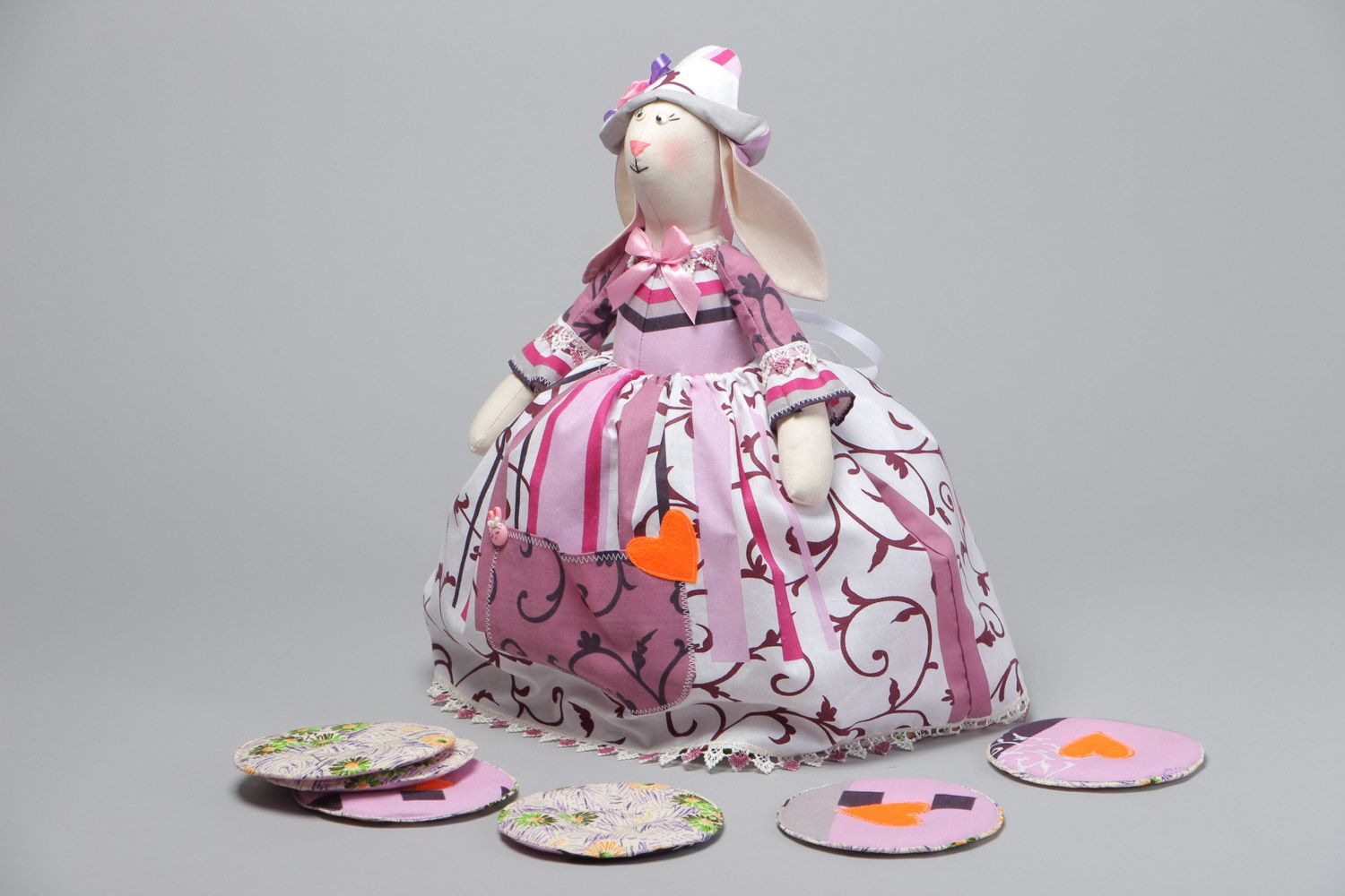 Handmade textile teapot warmer and 6 cup coasters tea set Bunny photo 2