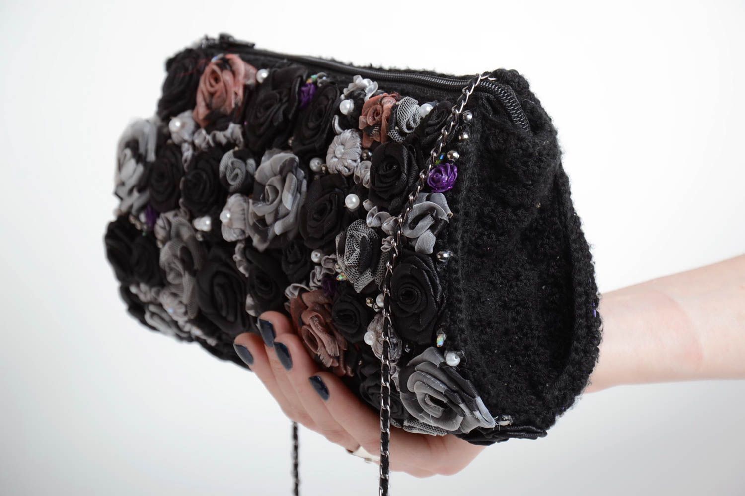 Handmade small designer crocheted black clutch bag with satin ribbon flowers photo 5