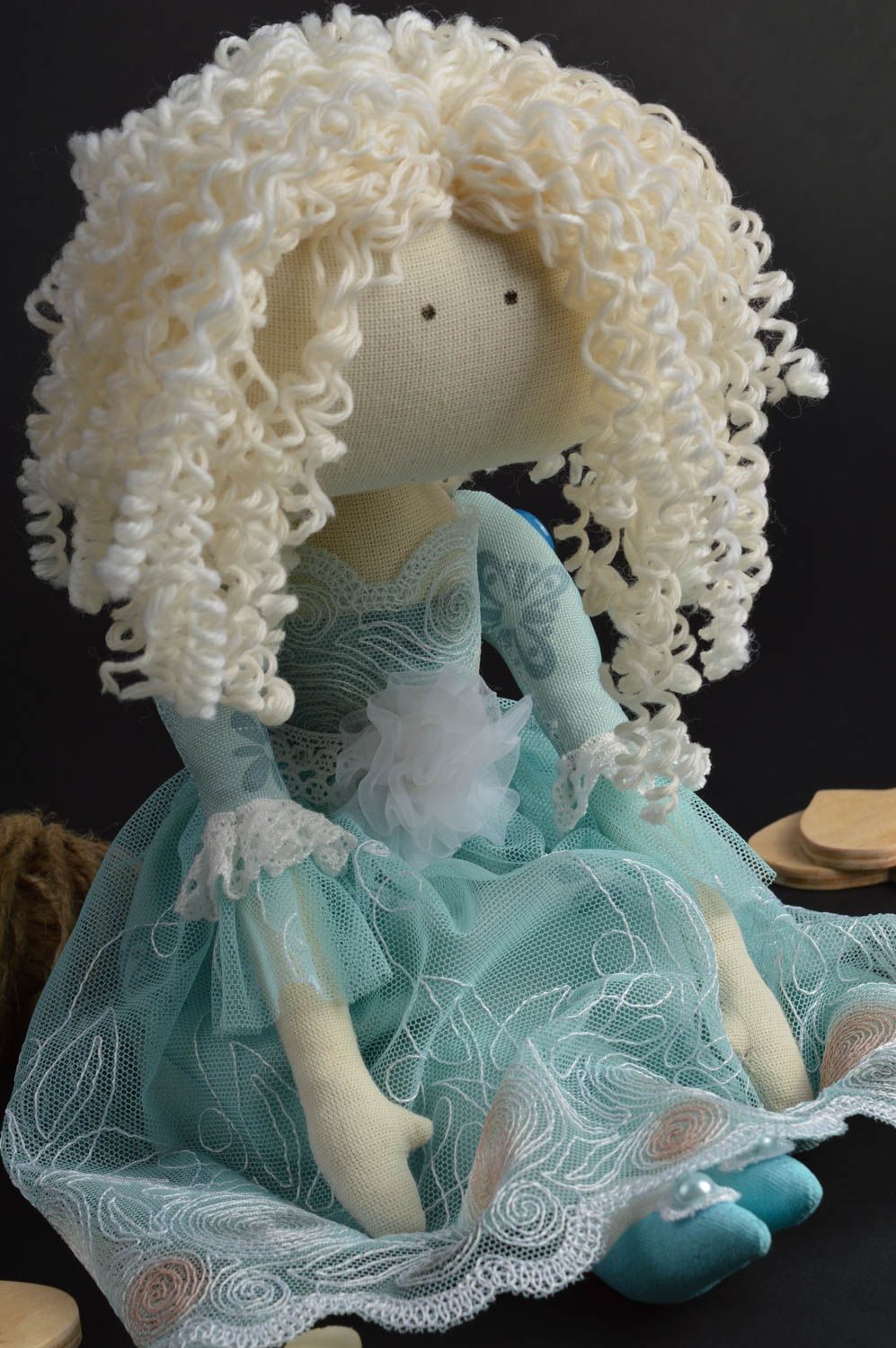 Handmade cute designer interior fabric soft doll blondie in blue dress Adelle photo 1