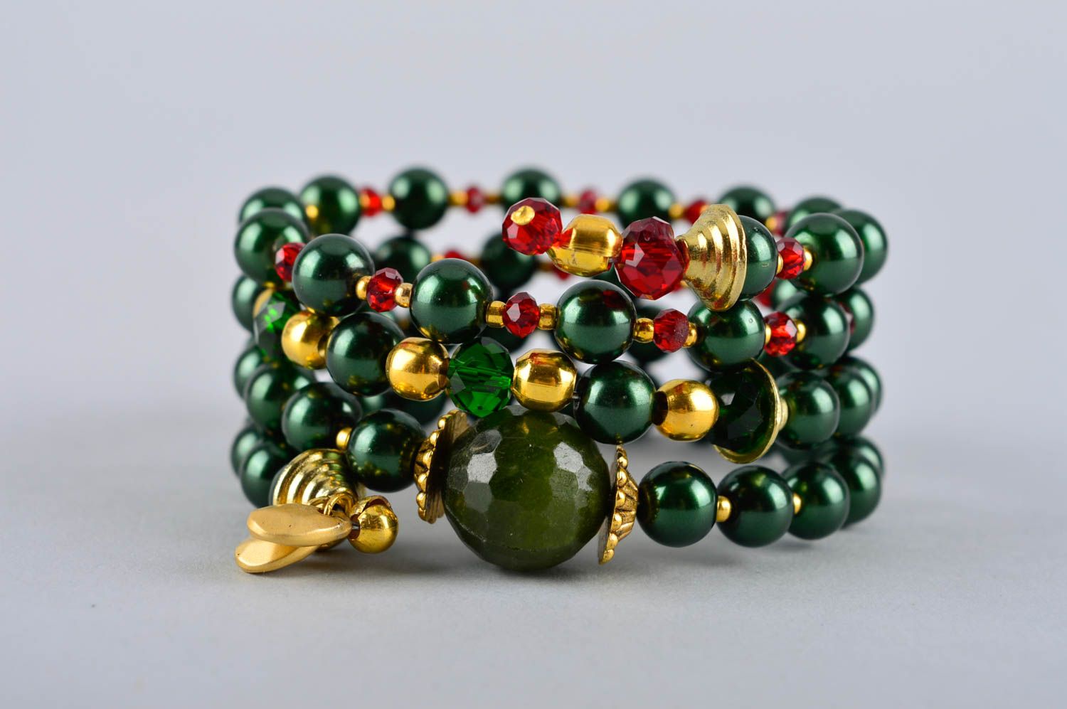 Handmade green artificial pearls bracelet unique jewelry present for woman photo 4