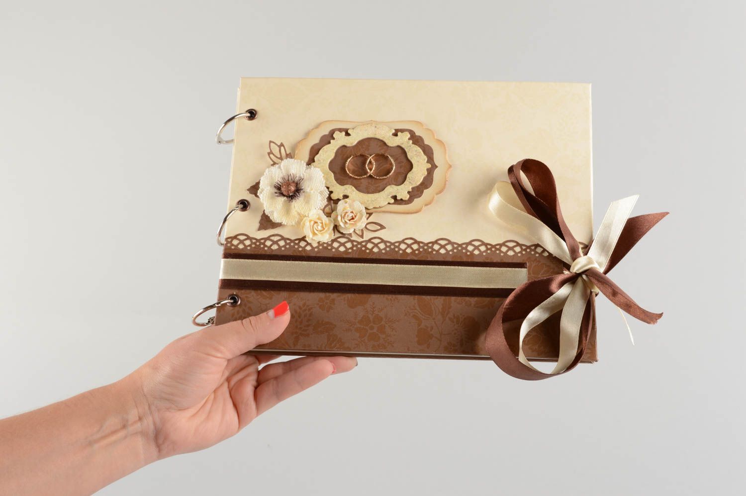 Libro de firmas para boda artesanal bonito marrón beige con cintas original foto 5