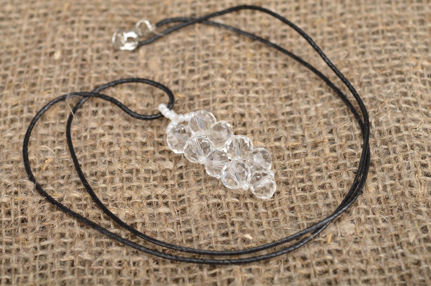 Beautiful transparent handmade design neck pendant woven of Czech crystal beads photo 1